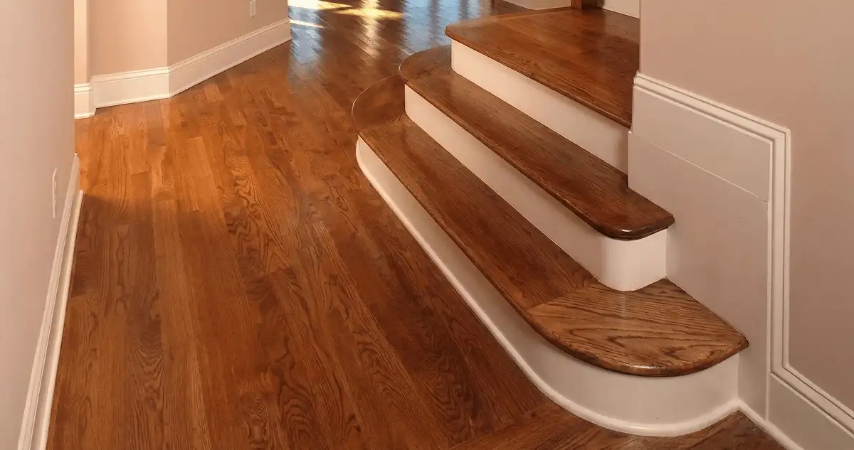 Base floor of a staircase with professionally restored wood flooring in Little Rock AR