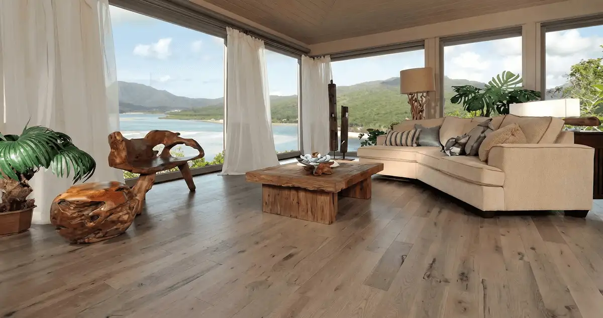 Professionally installed vinyl flooring in a modern living room with large windows in Little Rock, AR